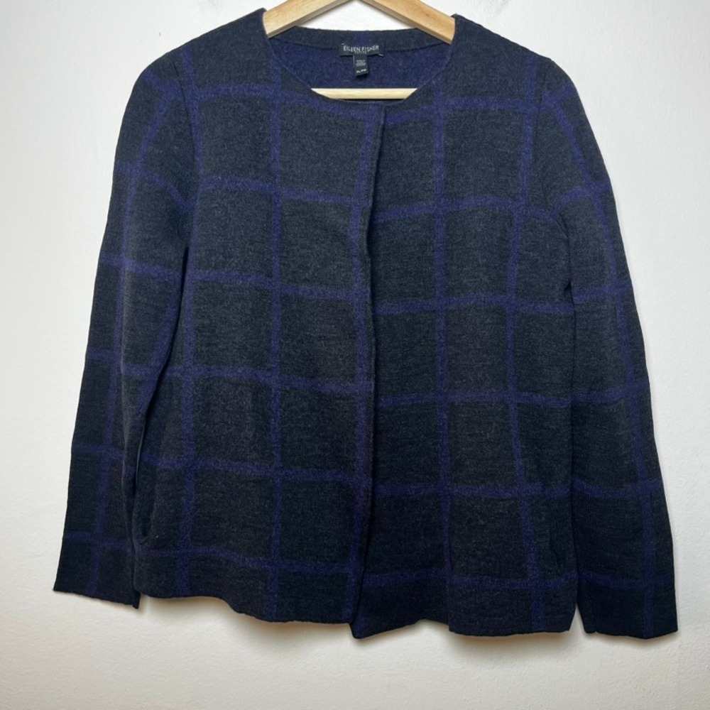 Eileen Fisher Merino Wool Cardigan Open Front Neck Closure Gray Purple size LP